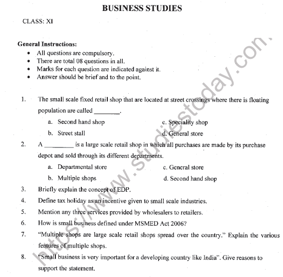 CBSE Class 11 Business Studies Worksheet Set K Solved